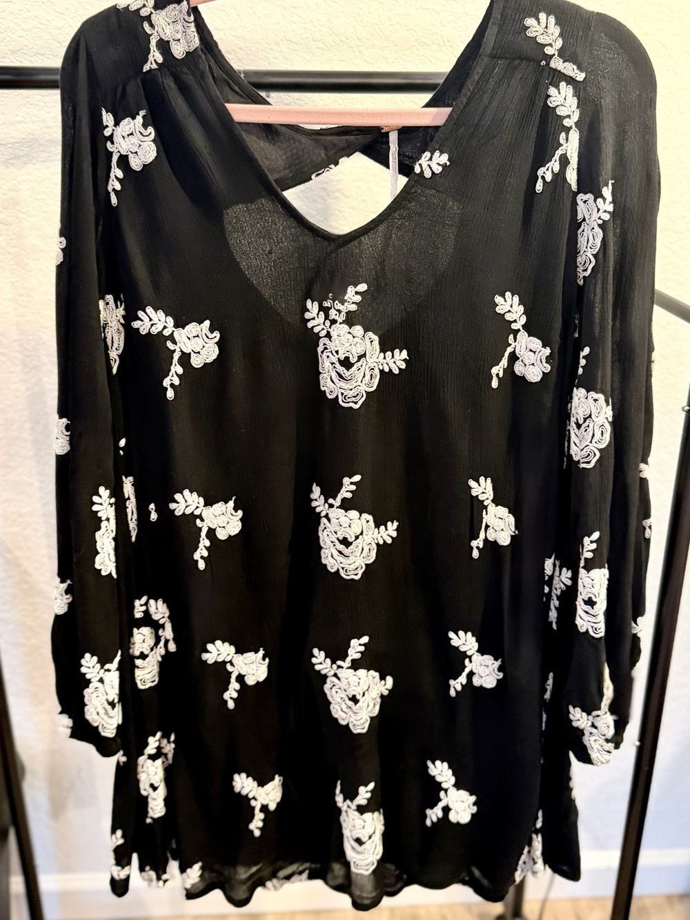 Free People Austin Mini Dress with White Floral Embroidery